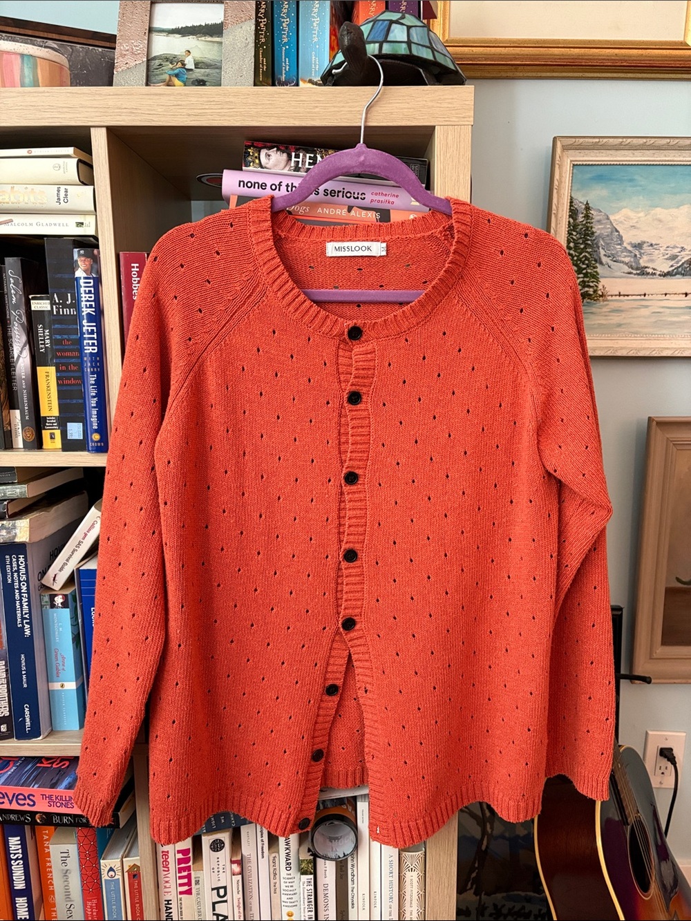 MISSLOOK Orange Button-Front Women's Knit Cardigan with Subtle Dot Detail